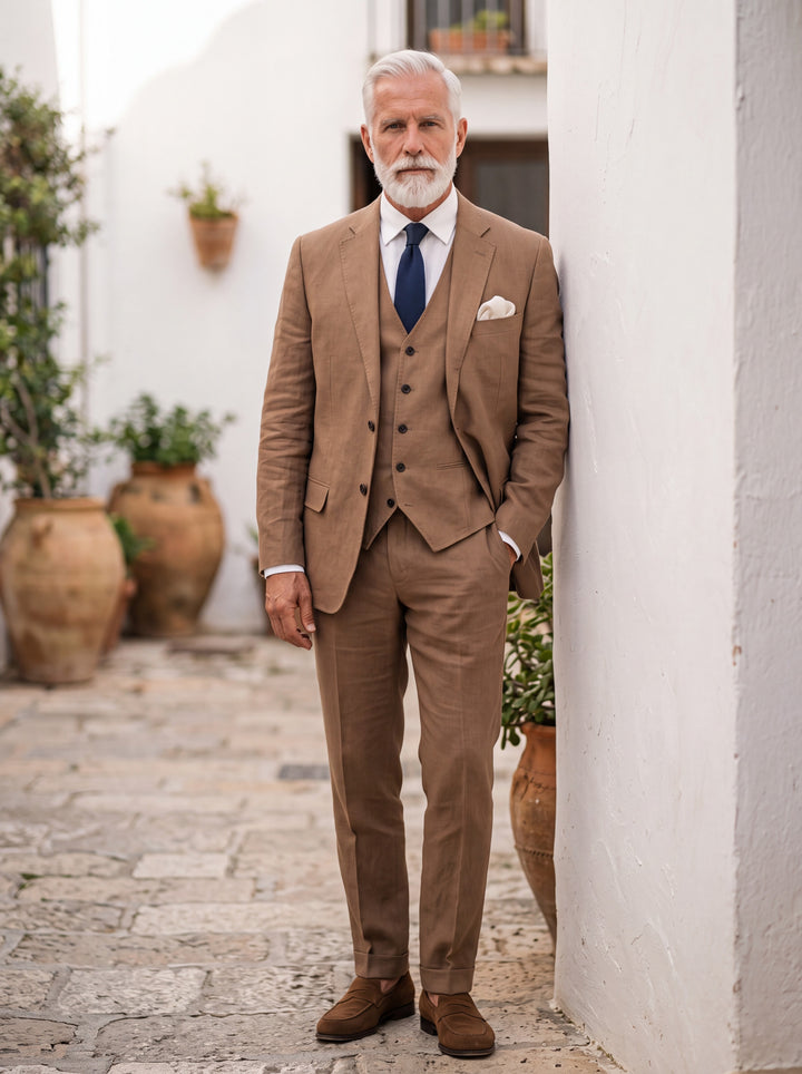 Elwood Men three-piece suit in brown, worn by a model in a Mediterranean setting - Gentlemens Manor lifestyle