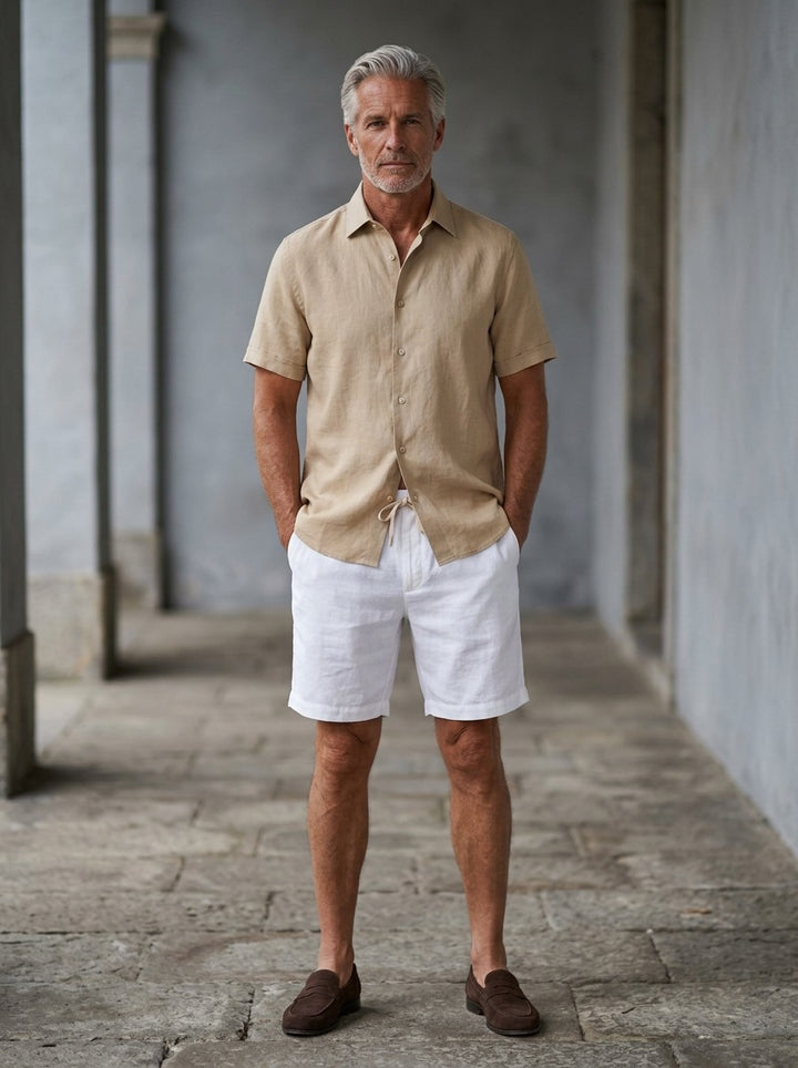 Emerson linen shirt and shorts set in Beige, lifestyle, Gentlemens Manor