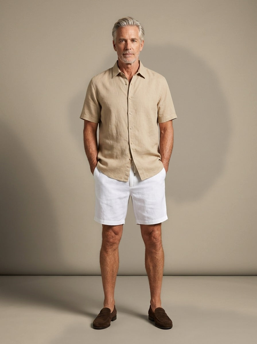 Emerson linen shirt and shorts set in Beige, studio, Gentlemens Manor