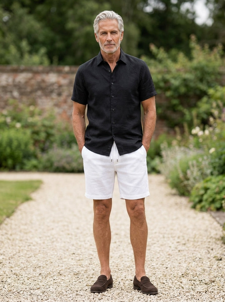 Emerson linen shirt and shorts set in Black, lifestyle, Gentlemens Manor