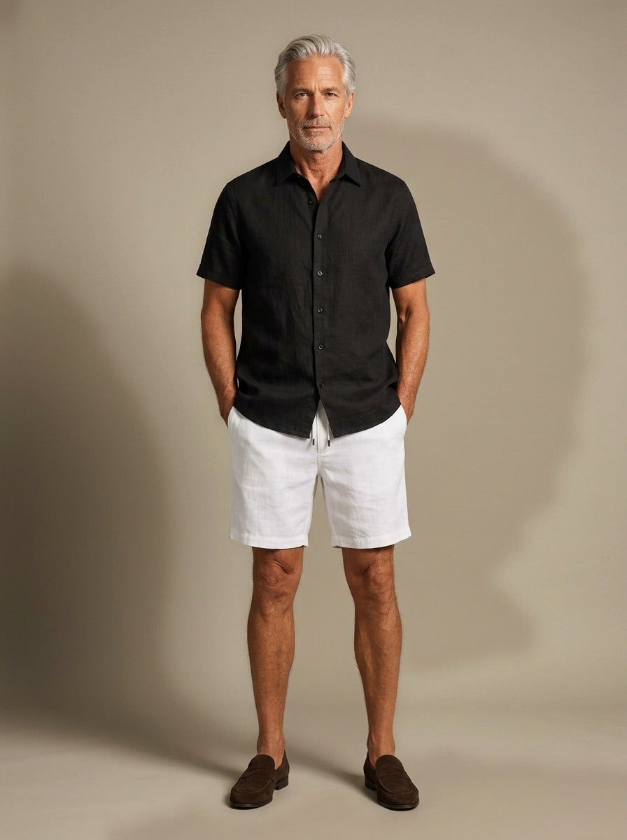 Emerson linen shirt and shorts set in Black, studio, Gentlemens Manor