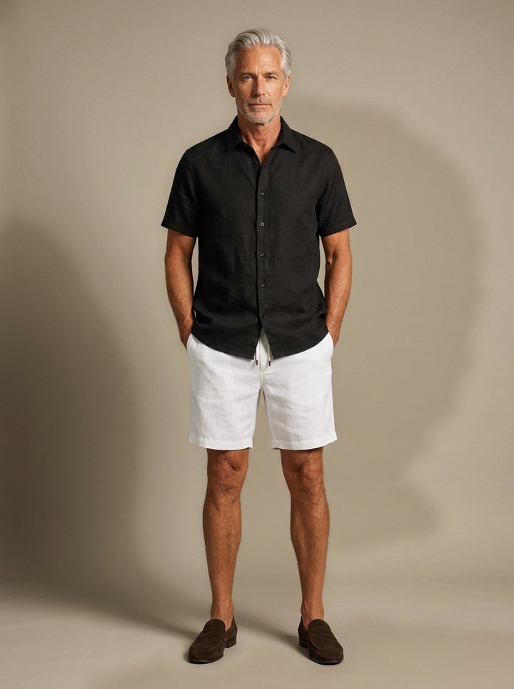 Emerson linen shirt and shorts set in Black, studio, Gentlemens Manor