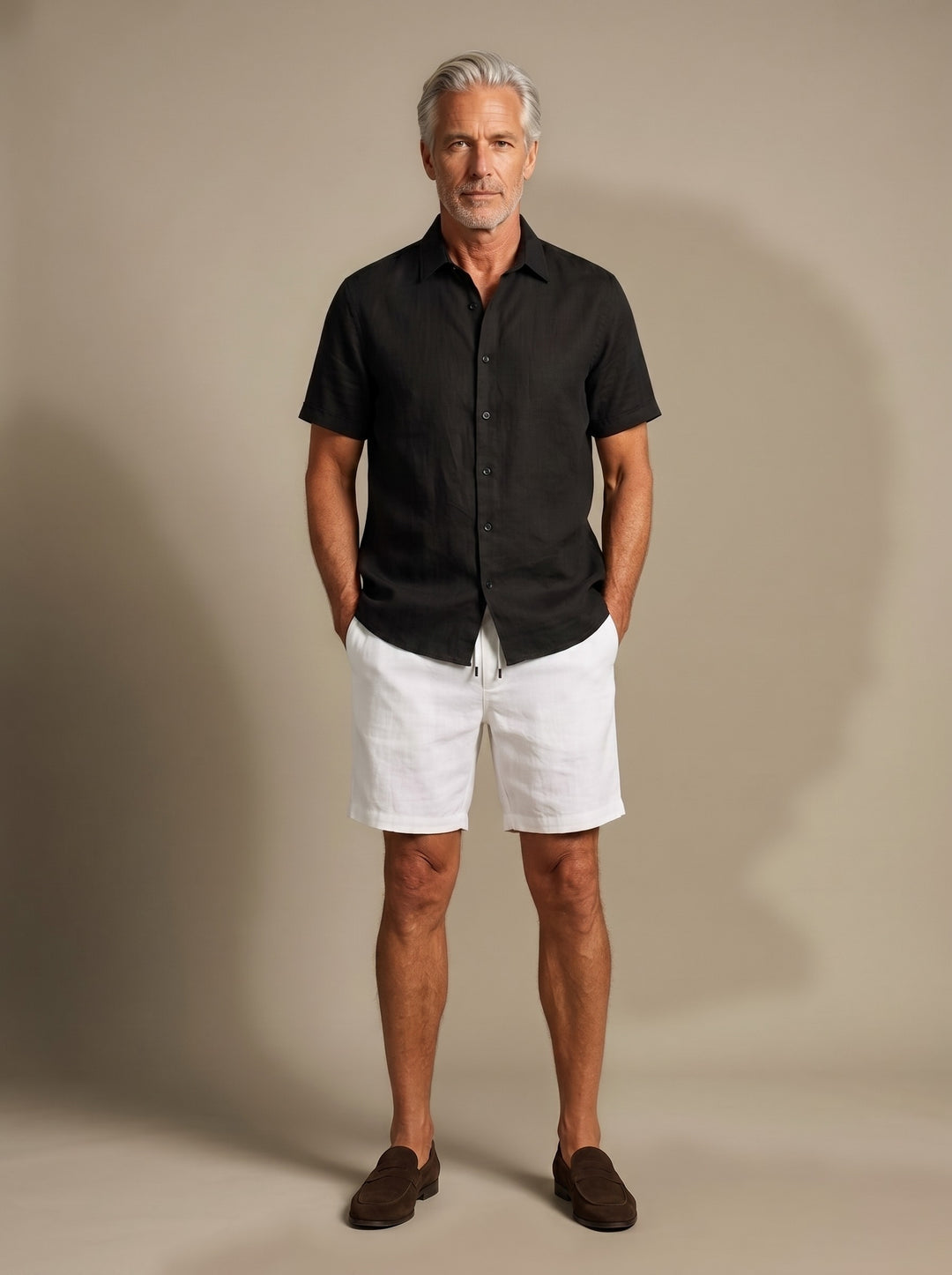 Emerson linen shirt and shorts set in Black, studio, Gentlemens Manor