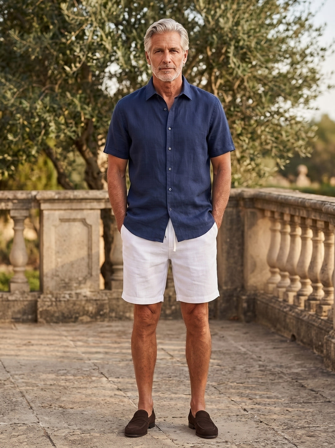 Emerson linen shirt and shorts set in Navy, lifestyle, Gentlemens Manor