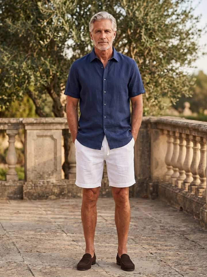 Emerson linen shirt and shorts set in Navy, lifestyle, Gentlemens Manor