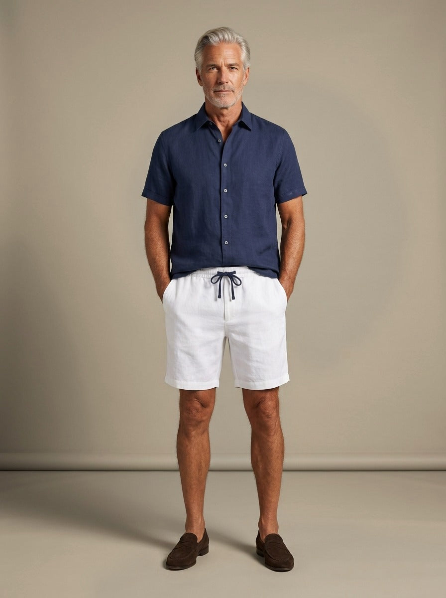 Emerson linen shirt and shorts set in Navy, studio, Gentlemens Manor