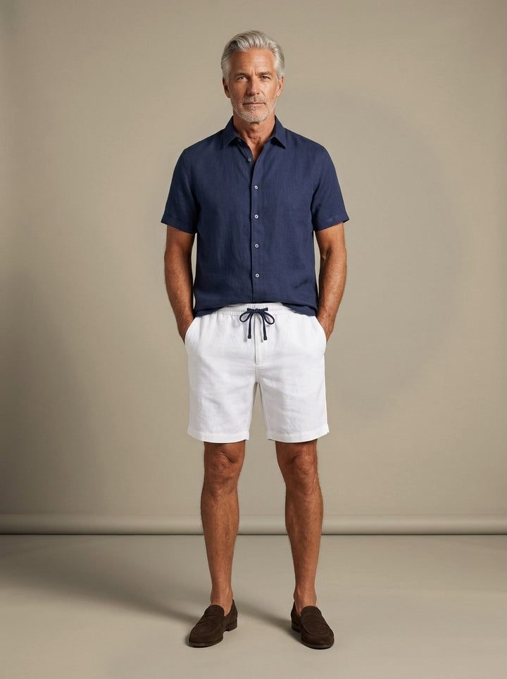 Emerson linen shirt and shorts set in Navy, studio, Gentlemens Manor
