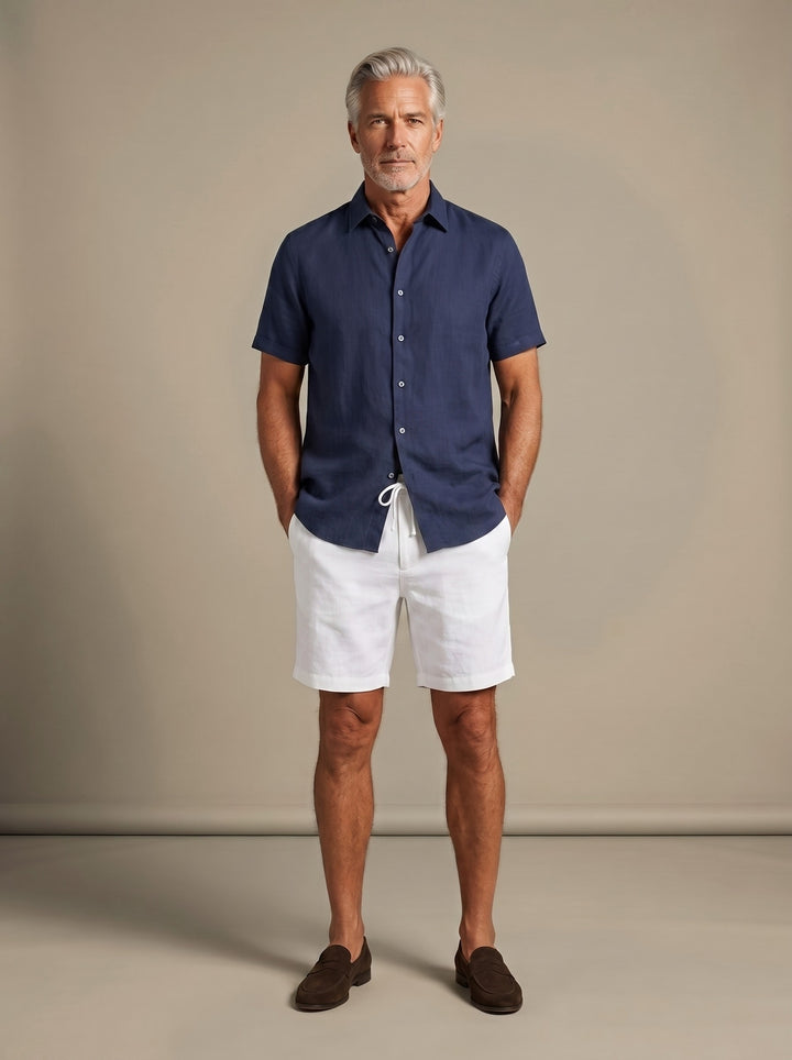 Emerson linen shirt and shorts set in Navy, studio, Gentlemens Manor