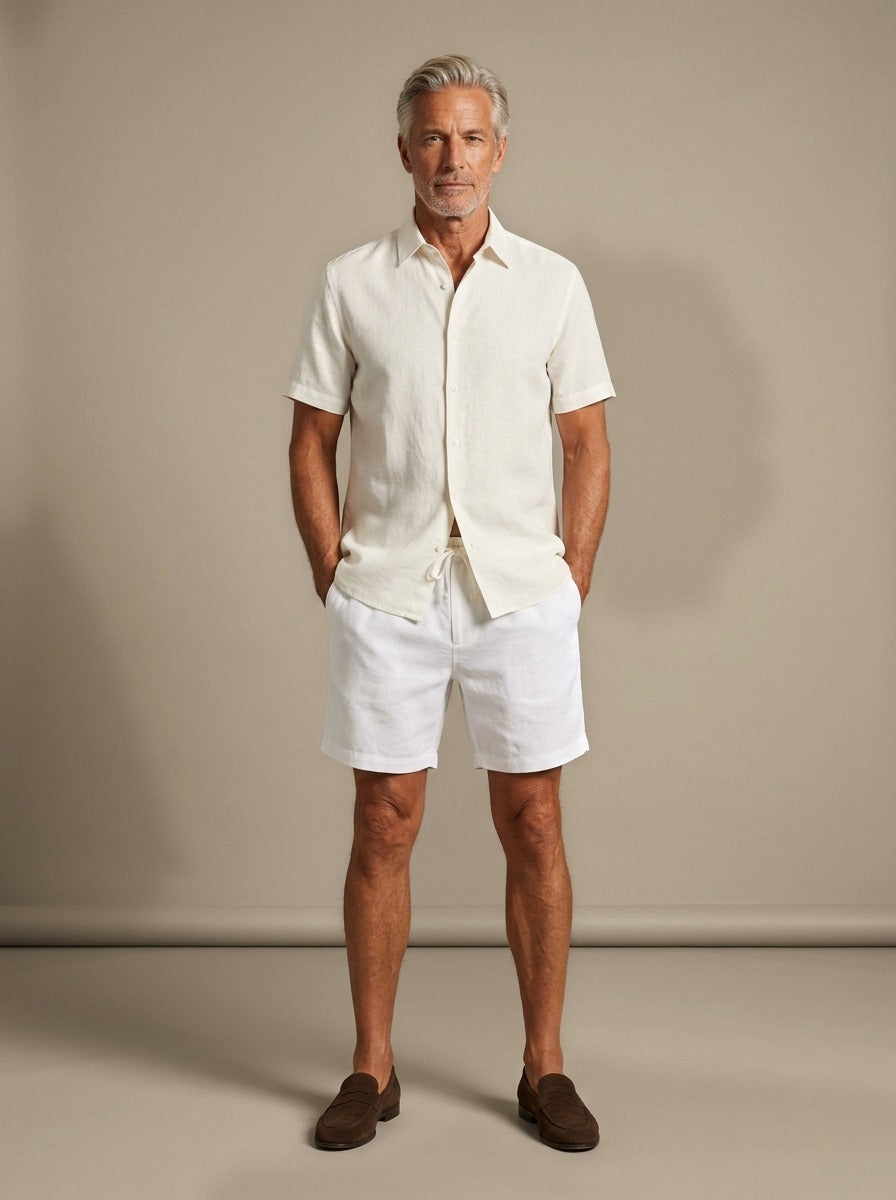 Emerson linen shirt and shorts set in White, studio, Gentlemens Manor