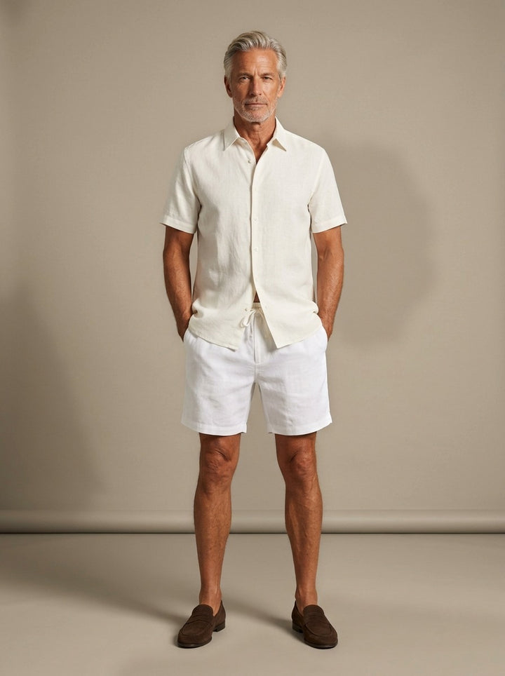 Emerson linen shirt and shorts set in White, studio, Gentlemens Manor