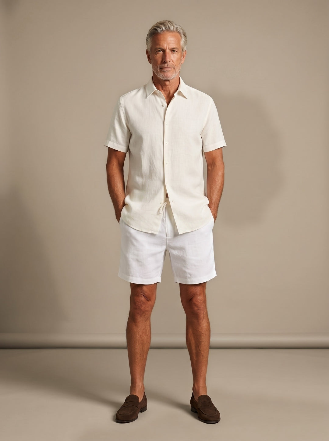 Emerson linen shirt and shorts set in White, studio, Gentlemens Manor