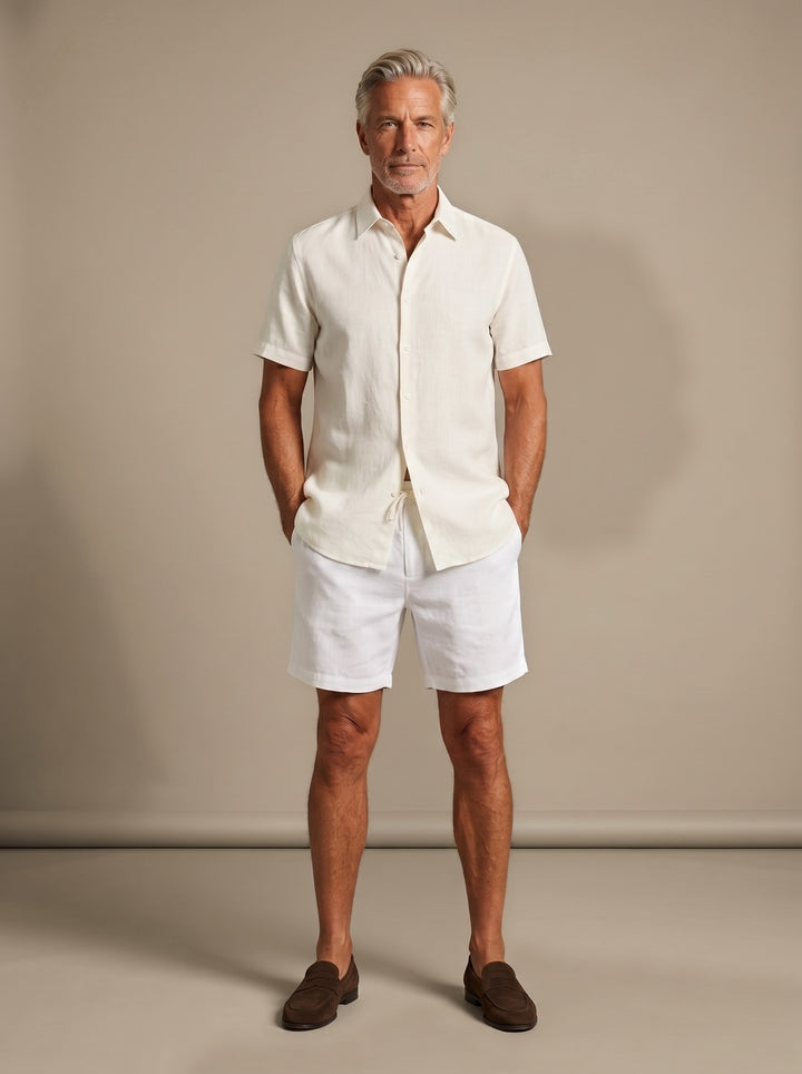 Emerson linen shirt and shorts set in White, studio, Gentlemens Manor