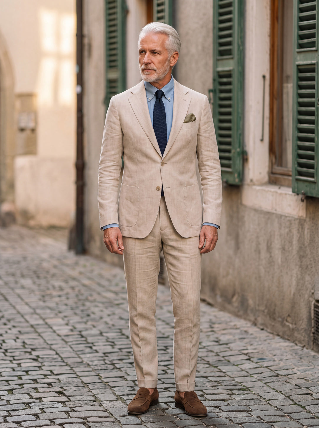 Emery Men two-piece suit in beige, worn by a model in a Mediterranean setting - Gentlemens Manor lifestyle