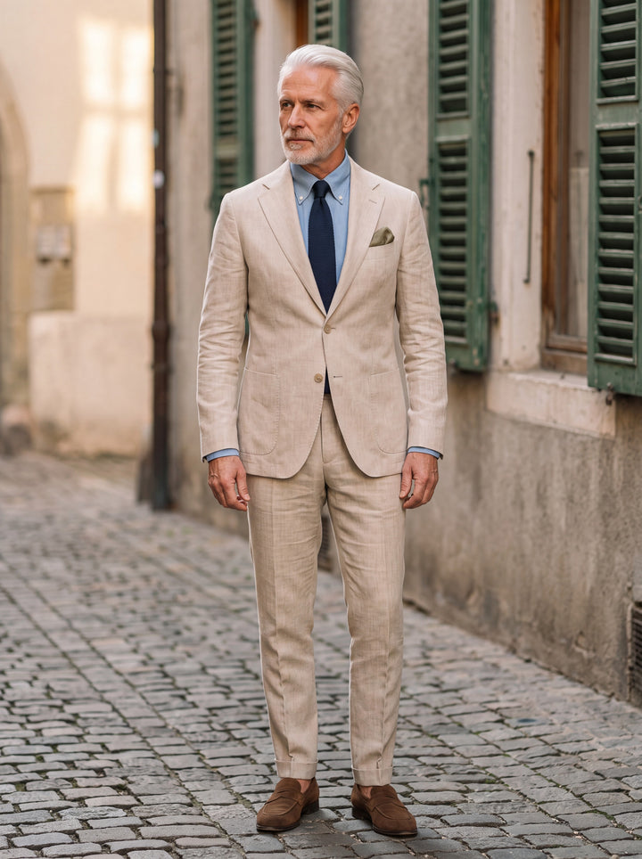 Emery Men two-piece suit in beige, worn by a model in a Mediterranean setting - Gentlemens Manor lifestyle