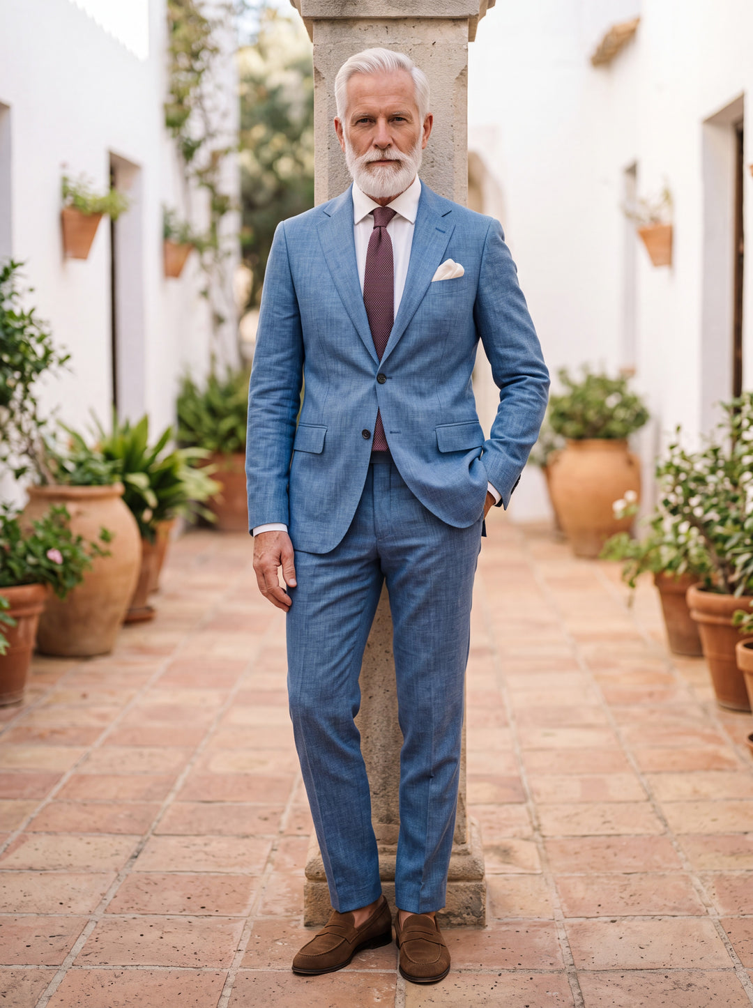 Emery Men two-piece suit in blue, worn by a model in a Mediterranean setting - Gentlemens Manor lifestyle