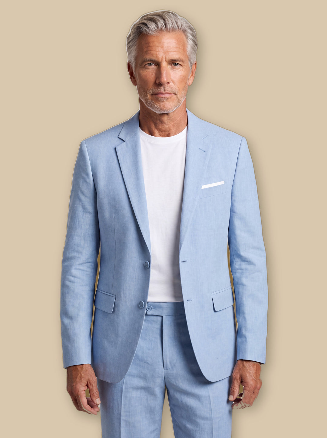 Emery two piece set in Blue, worn by a model on a warm sand studio background - Gentlemens Manor