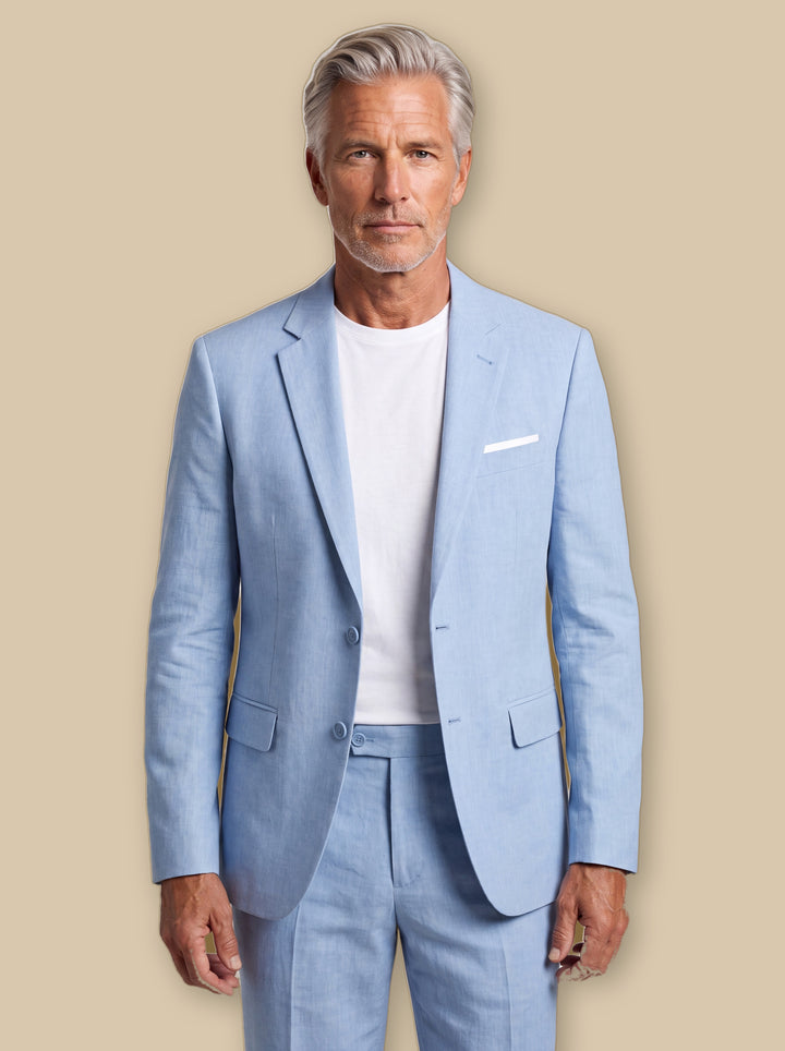 Emery two piece set in Blue, worn by a model on a warm sand studio background - Gentlemens Manor