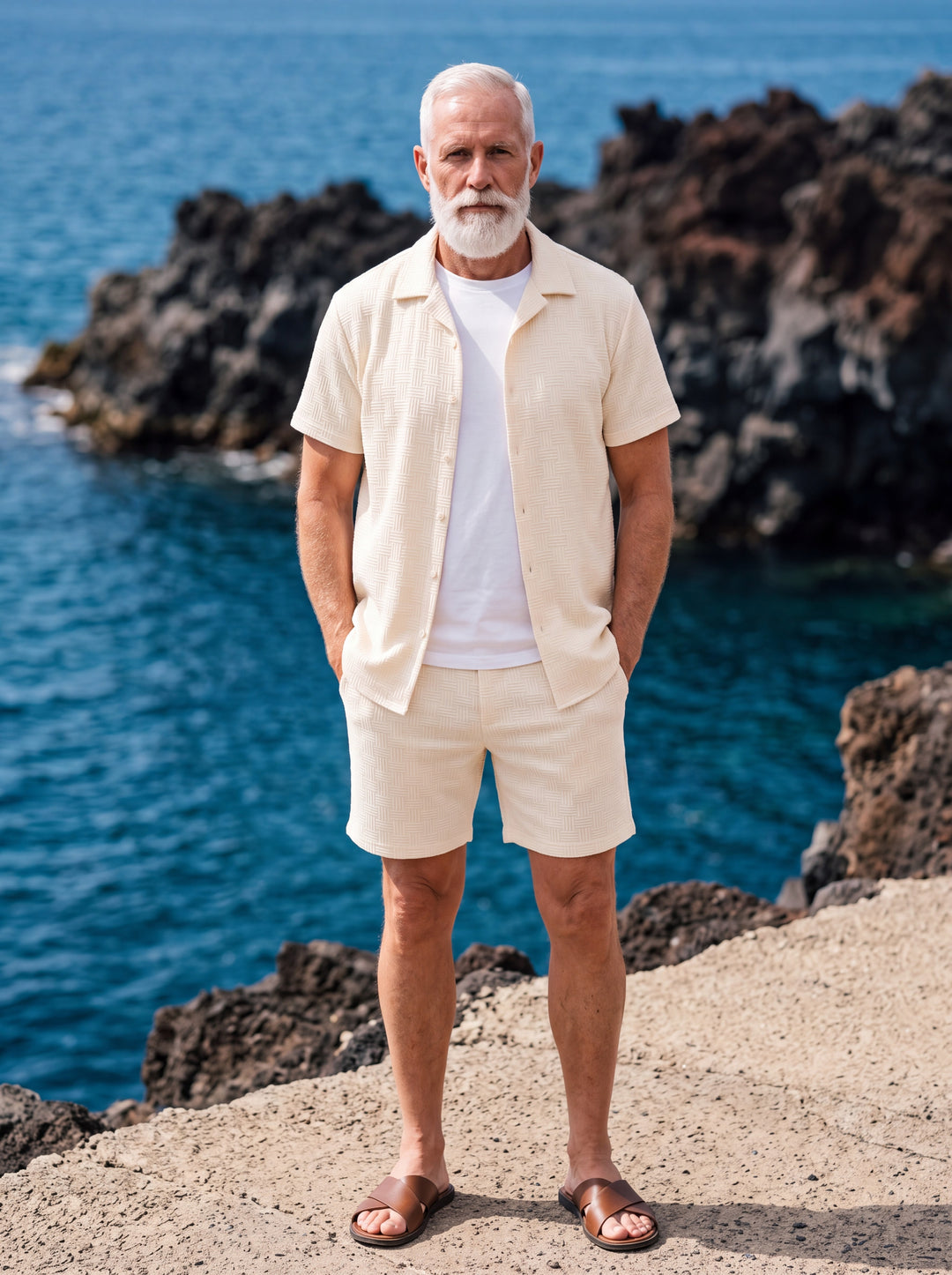Emmett Men two-piece summer set in cream, worn by a model in a Mediterranean setting - Gentlemens Manor lifestyle