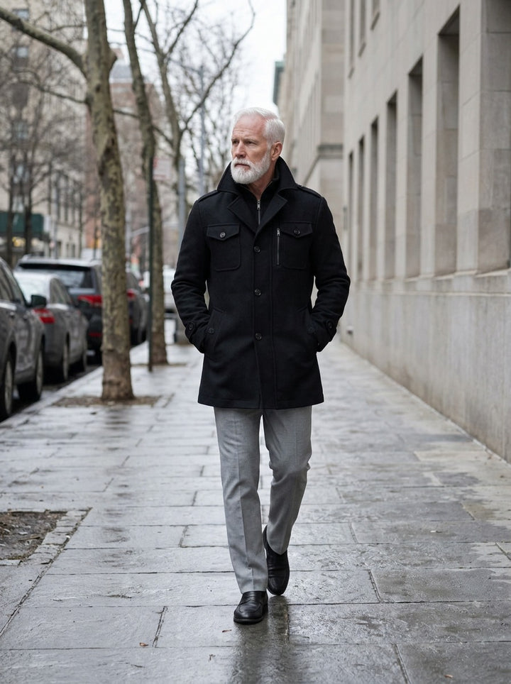 Emory winter coat in Black, lifestyle, Gentlemens Manor