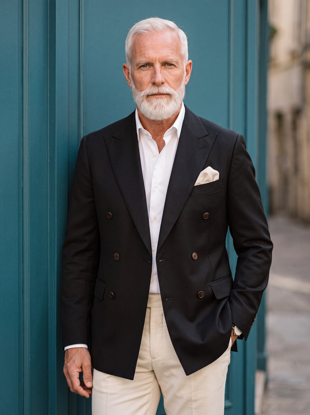 Ephraim blazer in Black, worn by a model in a Mediterranean setting - Gentlemens Manor lifestyle