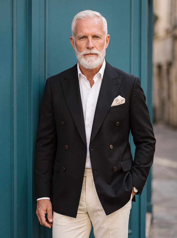 Ephraim blazer in Black, worn by a model in a Mediterranean setting - Gentlemens Manor lifestyle