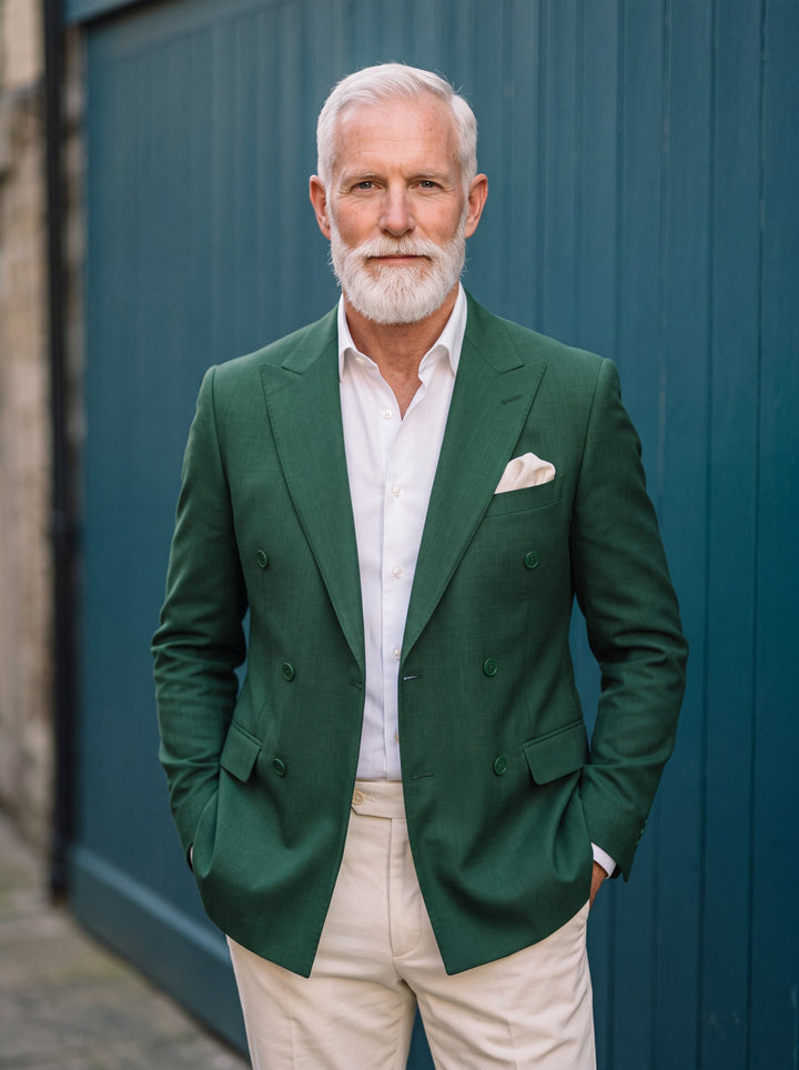 Ephraim blazer in Green, worn by a model in a Mediterranean setting - Gentlemens Manor lifestyle