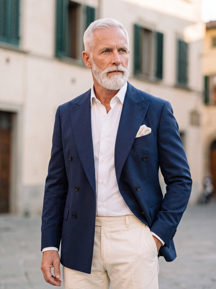 Ephraim blazer in Navy, worn by a model in a Mediterranean setting - Gentlemens Manor lifestyle