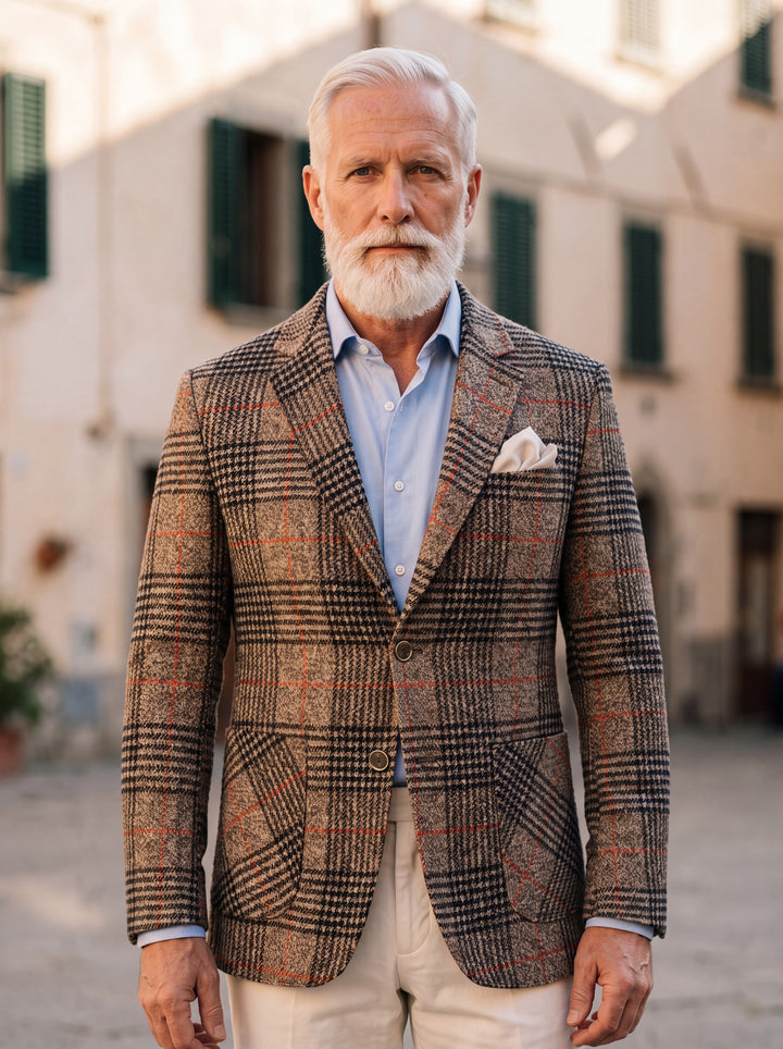 Ernest blazer in Brown, worn by a model in a Mediterranean setting - Gentlemens Manor lifestyle