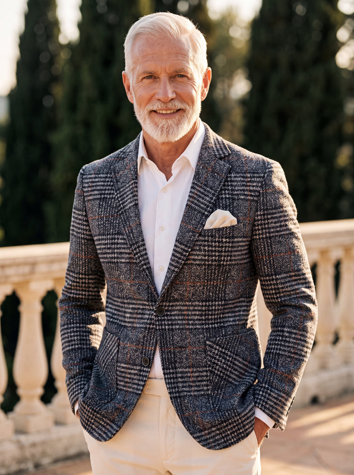 Ernest blazer in Grey, worn by a model in a Mediterranean setting - Gentlemens Manor lifestyle