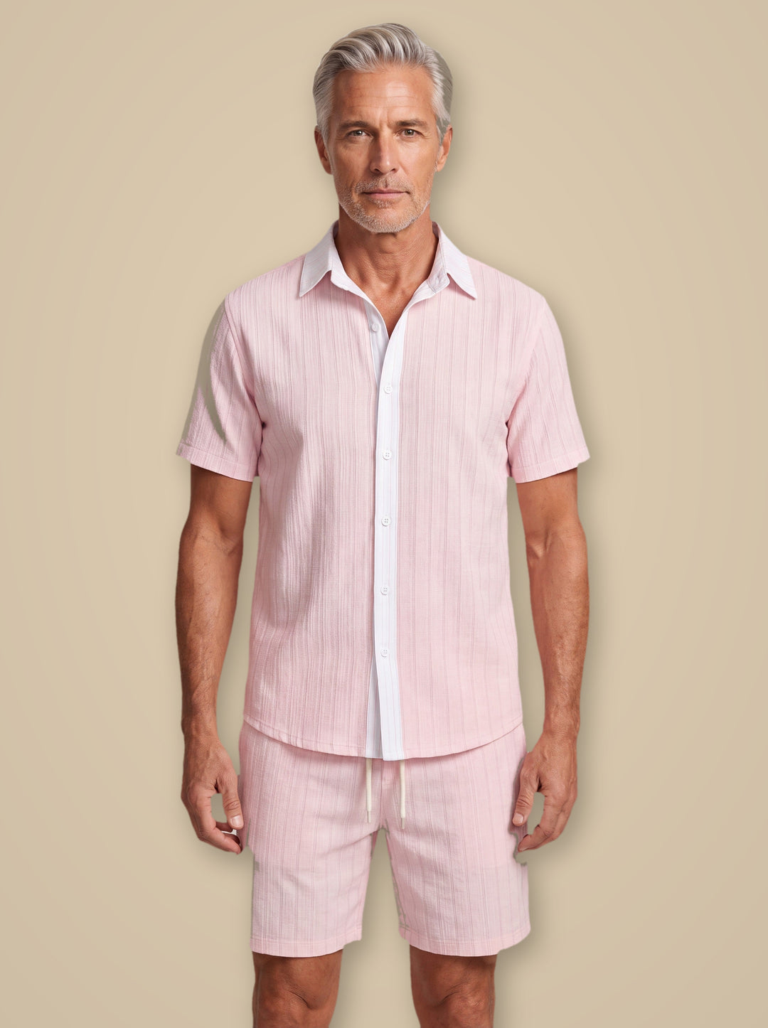 Ethan casual shirt in White, worn by a model on a warm taupe studio background - Gentlemens Manor