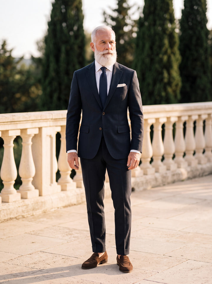 Eugene Men two-piece suit in black, worn by a model in a Mediterranean setting - Gentlemens Manor lifestyle