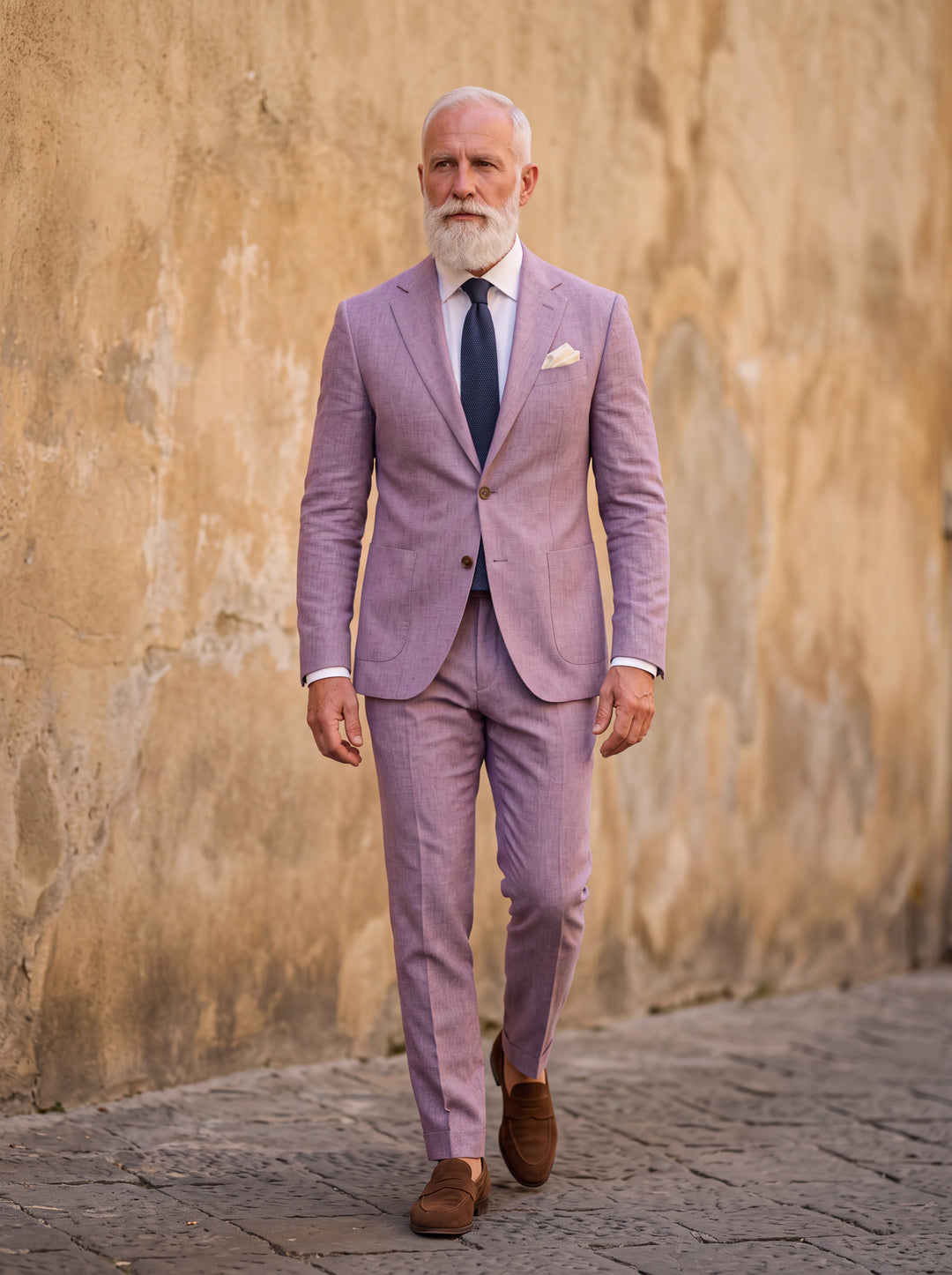 Eugene Men two-piece suit in purple, worn by a model in a Mediterranean setting - Gentlemens Manor lifestyle