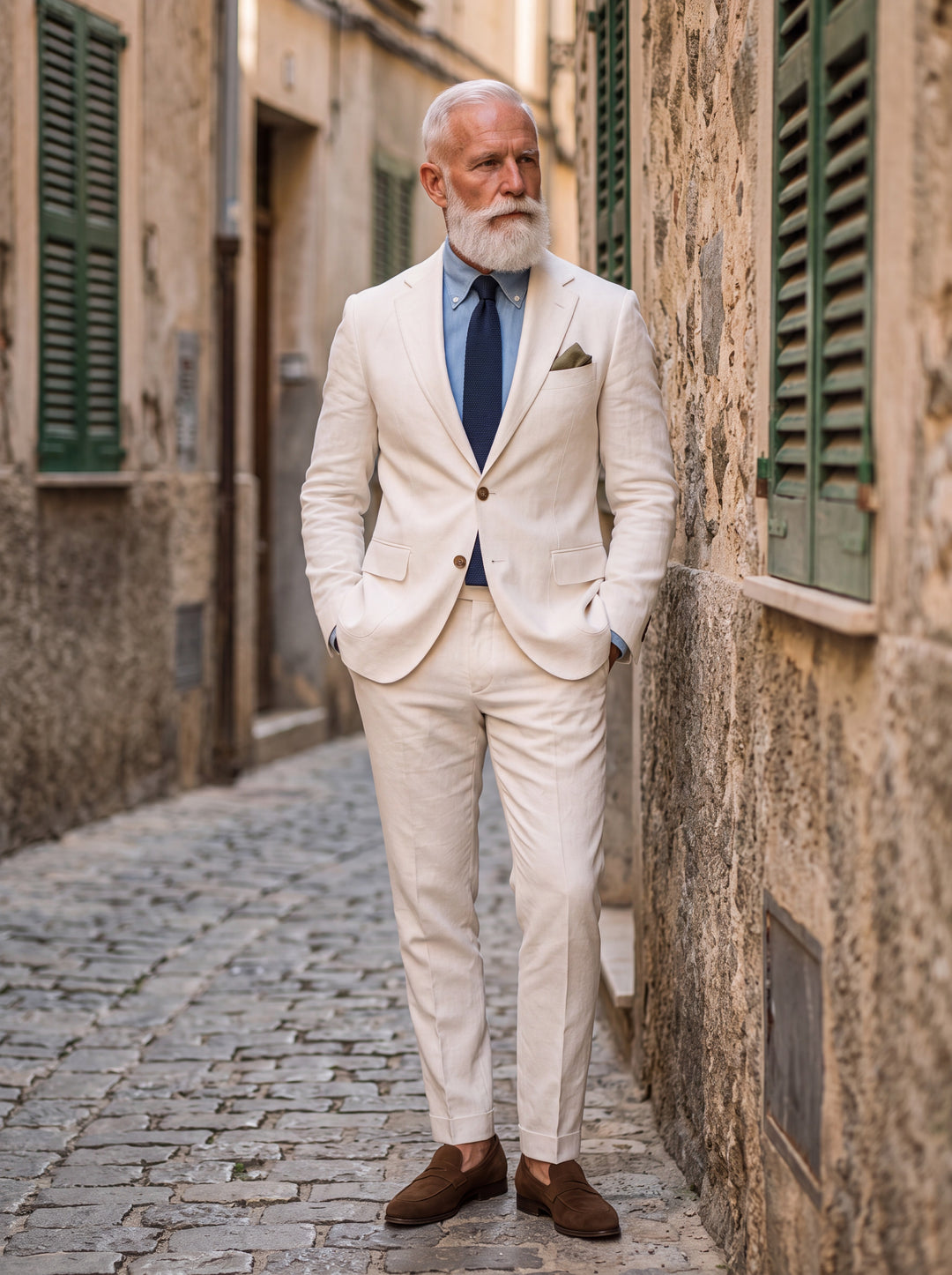 Eugene Men two-piece suit in white, worn by a model in a Mediterranean setting - Gentlemens Manor lifestyle