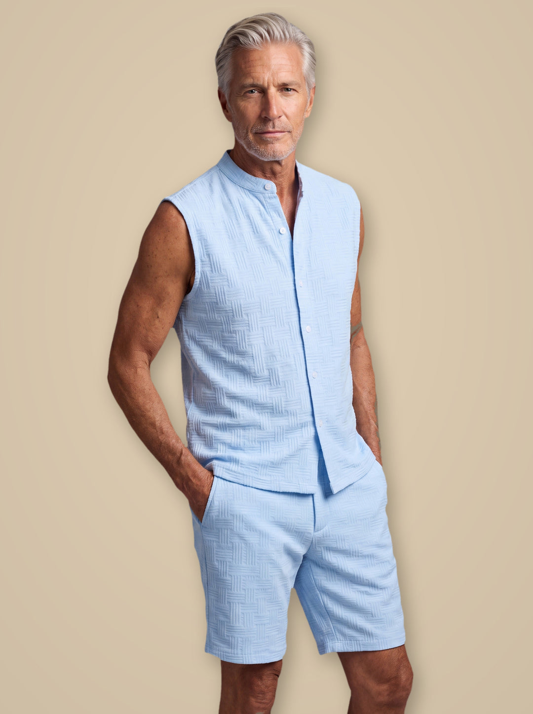 Evan casual shirt in Light Blue, worn by a model on a warm taupe studio background - Gentlemens Manor