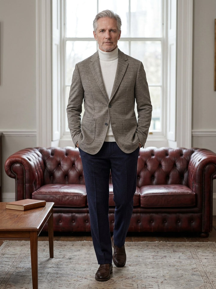 Everard knit wool blend blazer in Brown, lifestyle in a club reading room, Gentlemens Manor