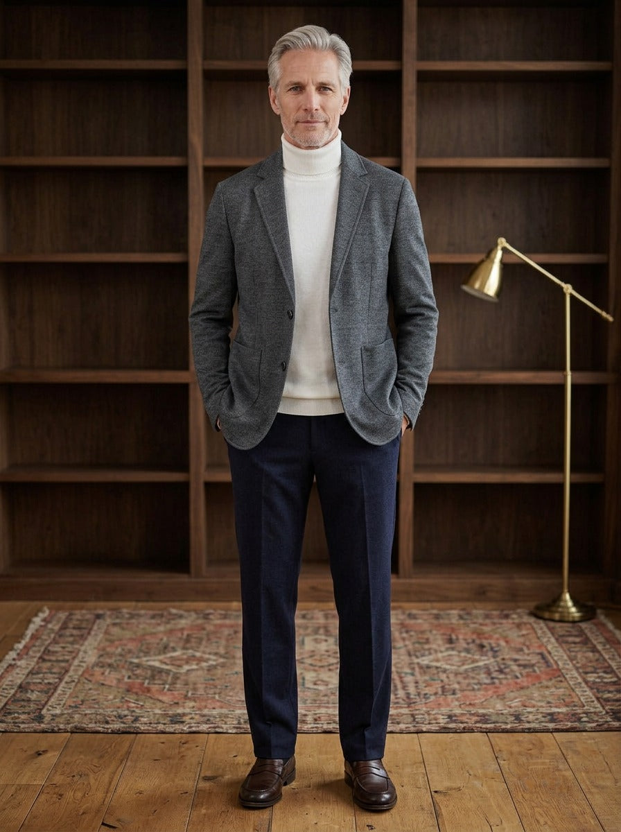 Everard knit wool blend blazer in Charcoal, lifestyle in a private study, Gentlemens Manor