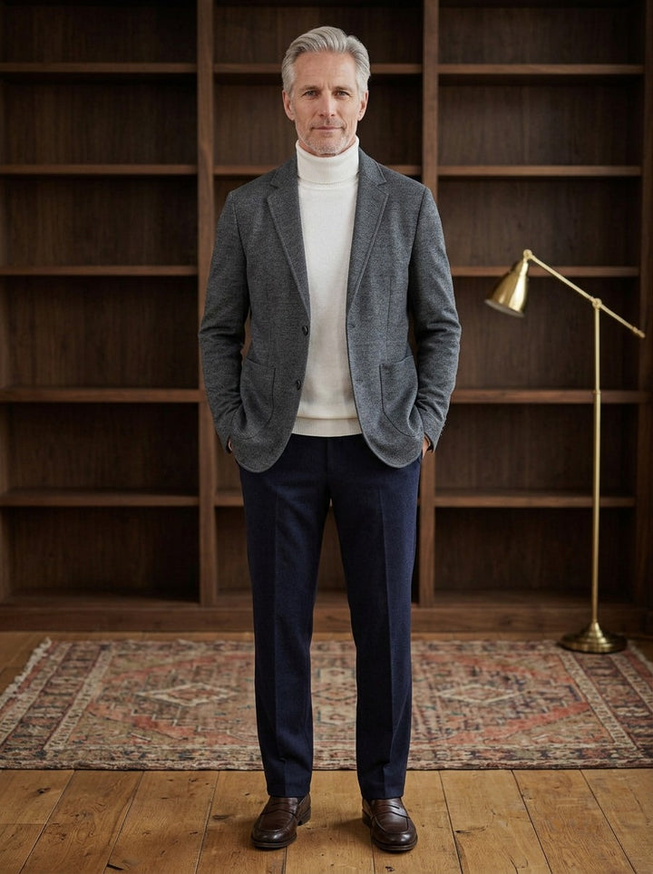 Everard knit wool blend blazer in Charcoal, lifestyle in a private study, Gentlemens Manor