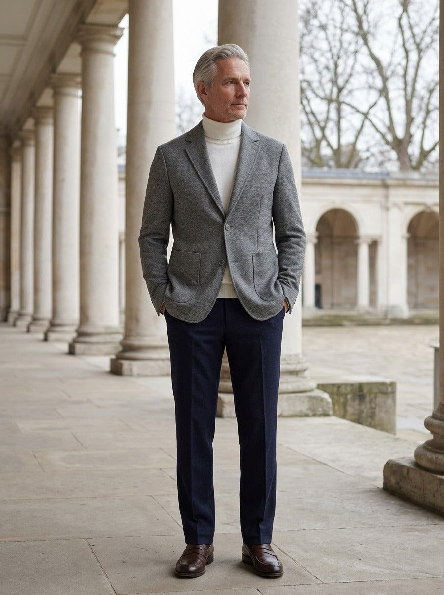 Everard knit wool blend blazer in Grey, lifestyle in a stone colonnade, Gentlemens Manor
