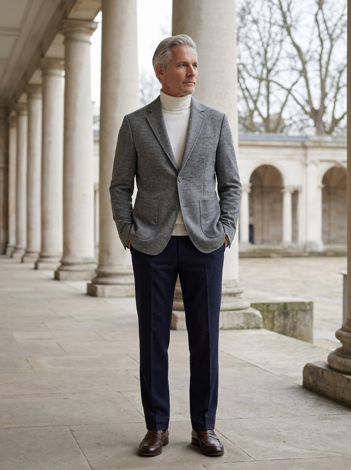 Everard knit wool blend blazer in Grey, lifestyle in a stone colonnade, Gentlemens Manor