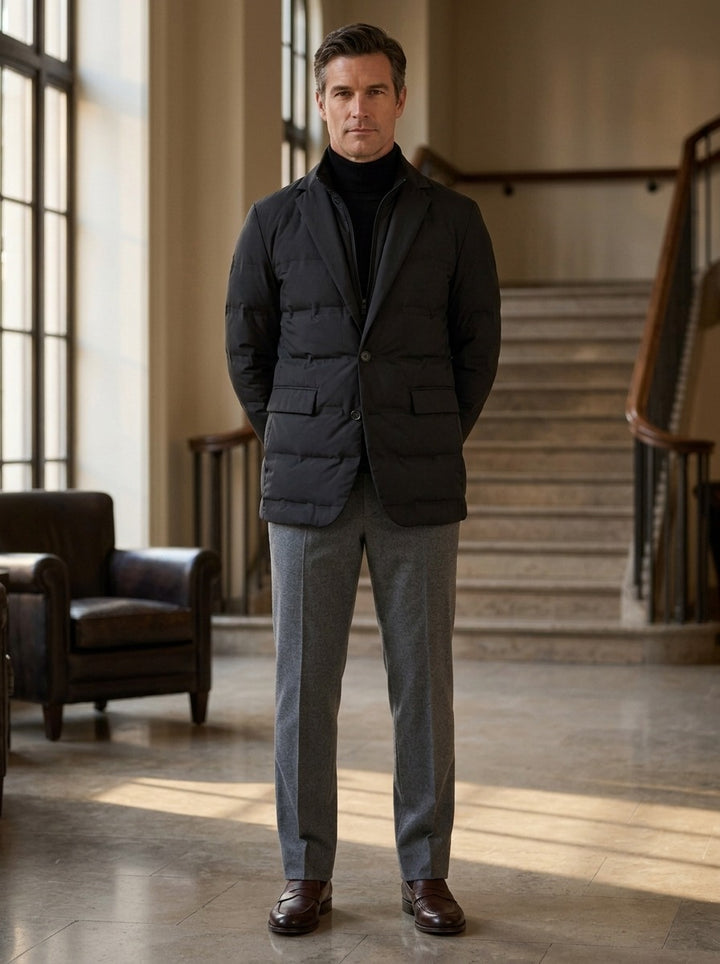Everton quilted blazer jacket in Black, lifestyle in a hotel lobby, Gentlemens Manor