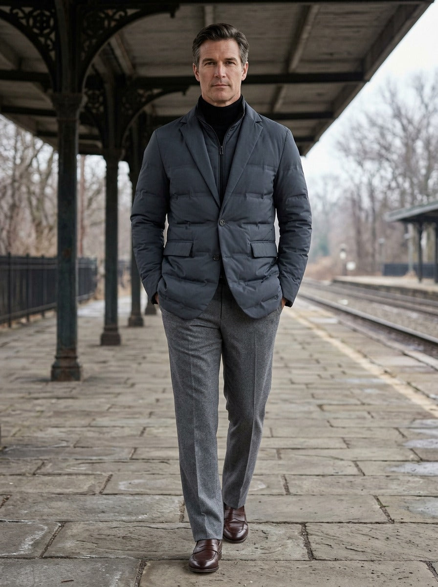 Everton quilted blazer jacket in Charcoal, lifestyle on a railway platform, Gentlemens Manor