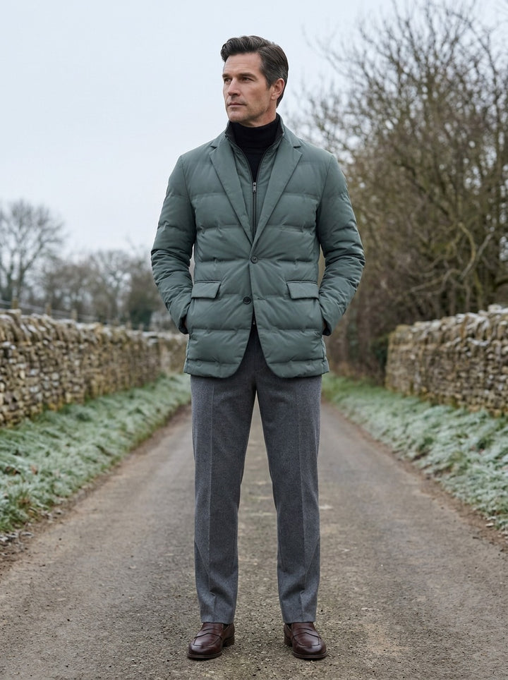 Everton quilted blazer jacket in Green, lifestyle on a country lane, Gentlemens Manor
