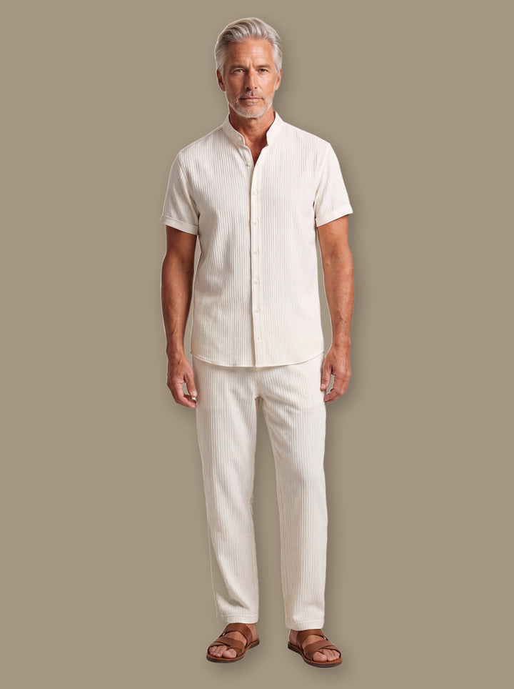 Ezekiel casual shirt in Beige, worn by a model on a warm taupe studio background - Gentlemens Manor