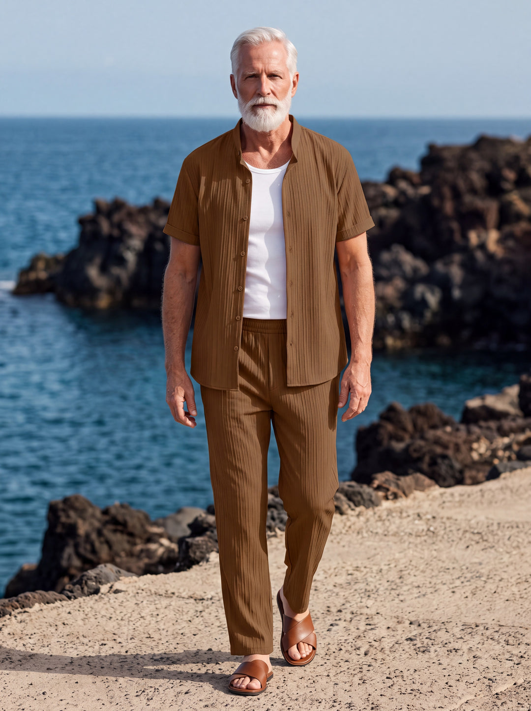 Ezekiel Men two-piece summer set in brown, worn by a model in a Mediterranean setting - Gentlemens Manor lifestyle