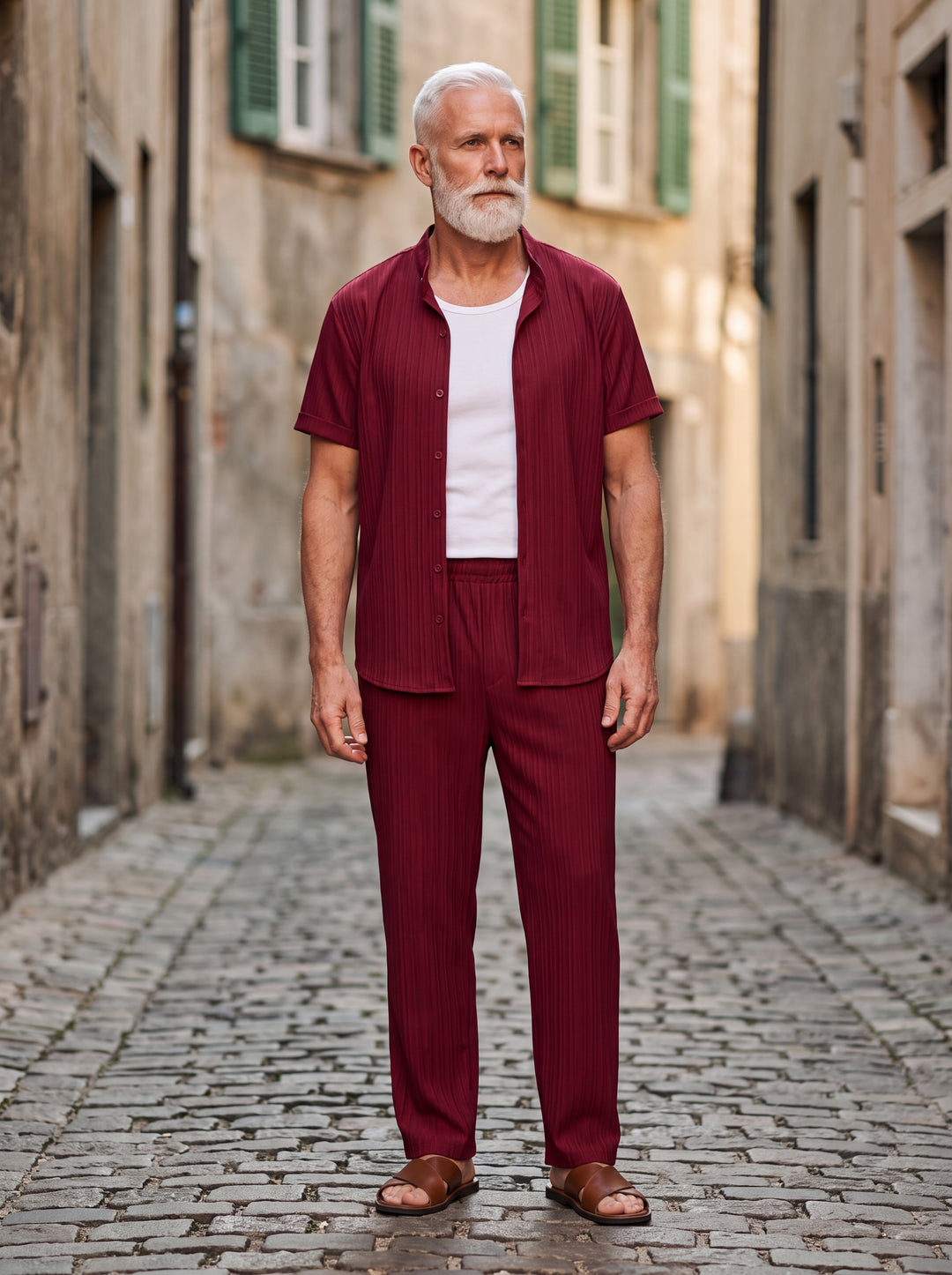 Ezekiel Men two-piece summer set in burgundy, worn by a model in a Mediterranean setting - Gentlemens Manor lifestyle