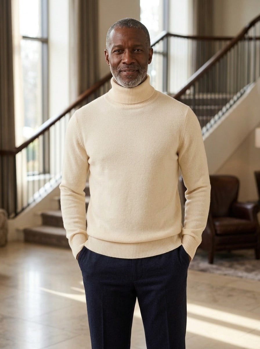 Fairbanks fine knit turtleneck sweater in Cream, lifestyle, Gentlemens Manor
