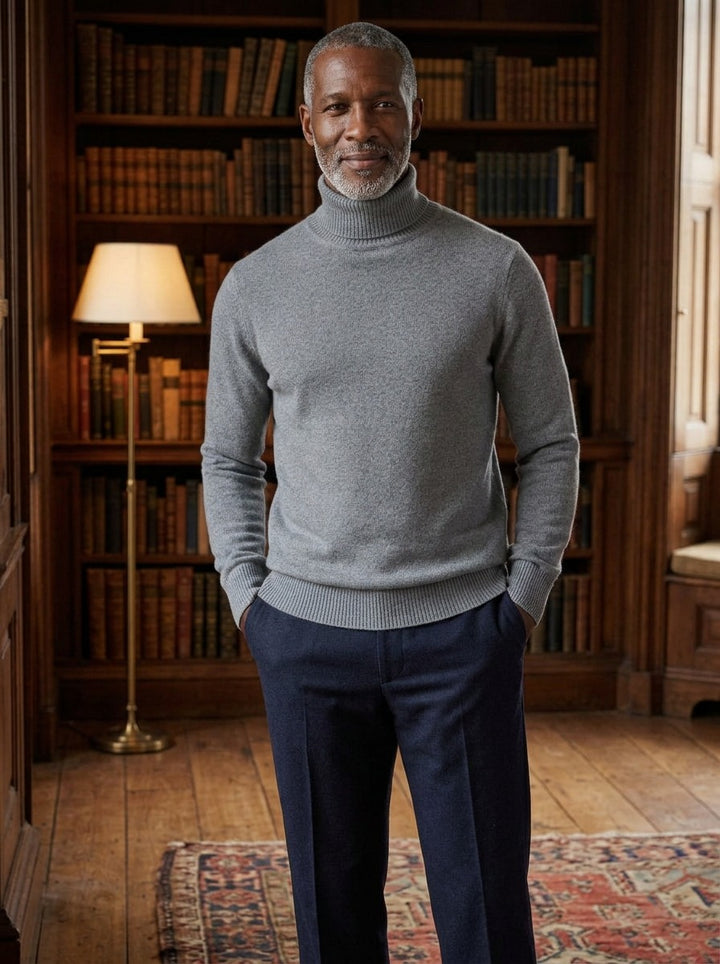 Fairbanks fine knit turtleneck sweater in Grey, lifestyle, Gentlemens Manor