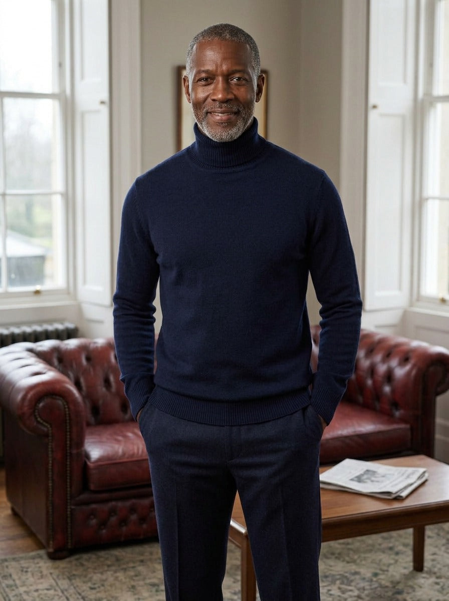 Fairbanks fine knit turtleneck sweater in Navy, lifestyle, Gentlemens Manor
