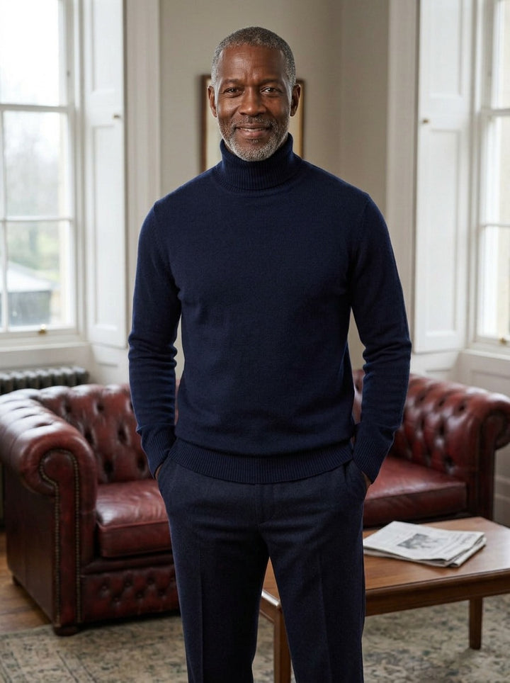 Fairbanks fine knit turtleneck sweater in Navy, lifestyle, Gentlemens Manor