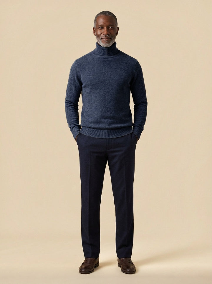 Fairbanks fine knit turtleneck sweater in Navy, studio, Gentlemens Manor